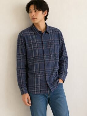 Dan251  Eddie Bauer Plaid Flannel Shirt Mens Large Blue Button Front Long Sleeve